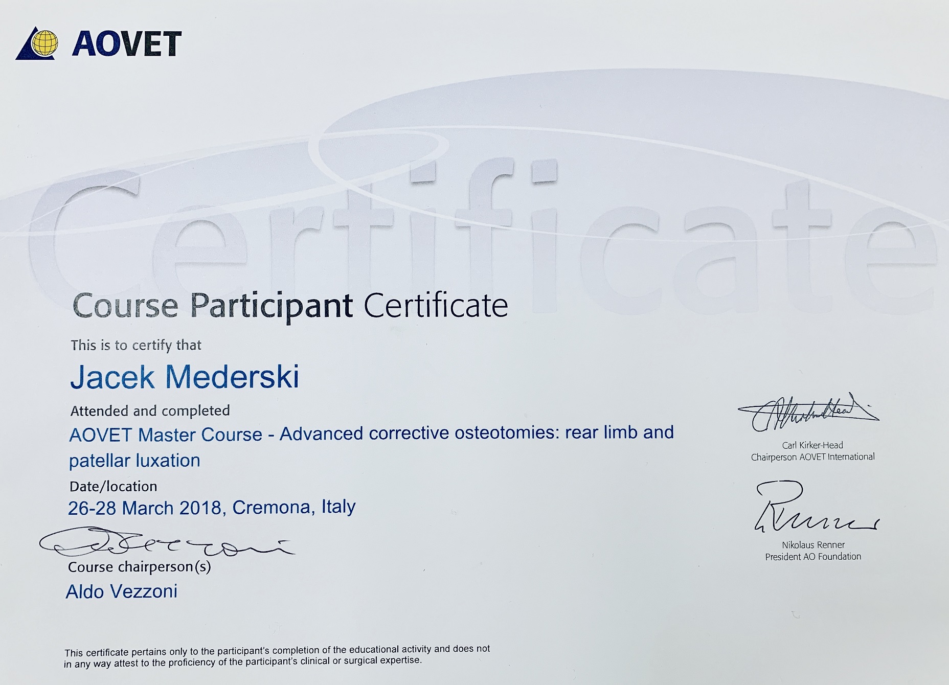 AOVET Master Course-Advanced Corrective Osteotomies: Rear Limb and Patellar Luxation - Cremona